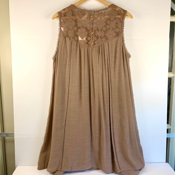 Mocha mousse gauze Sleeveless Embroidered lace yoke handkerchief hem boho dress - Picture 3 of 14